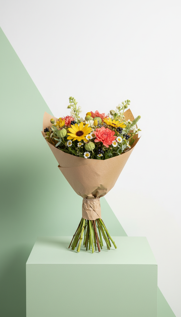 A bright, hand-built bouquet wrapped in kraft paper