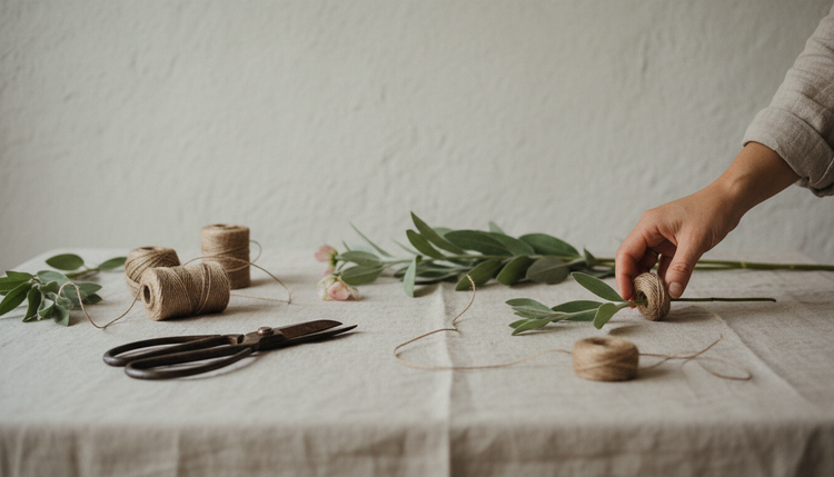 Garden shears, twine, and freshly trimmed stems