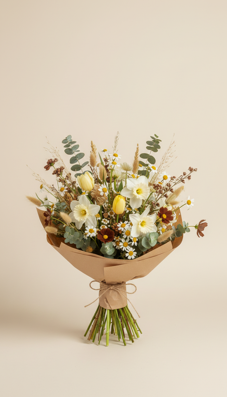 A hand-tied bouquet of daffodils, daisies, and eucalyptus